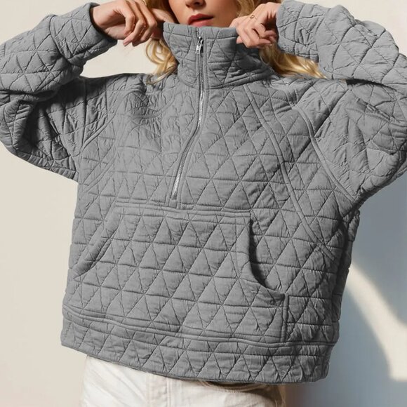 Double Take Half Zip Long Sleeve Quilted Sweatshirt with Pocket - Picture 3 of 4